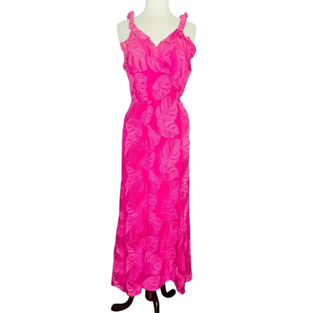 Hutch Anthropologie Tropical Leaf Ruffle Maxi Dress Cruise Large Summer A6